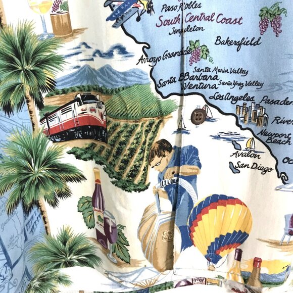 Reyn Spooner California Wine Map Print Rayon Hawaiian Shirt Blue Medium Napa - Picture 6 of 7